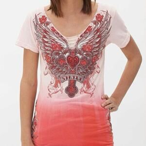 Sinful By Affliction Cold Steel T Shirt Cotton Cross Bedazzled Womens Small